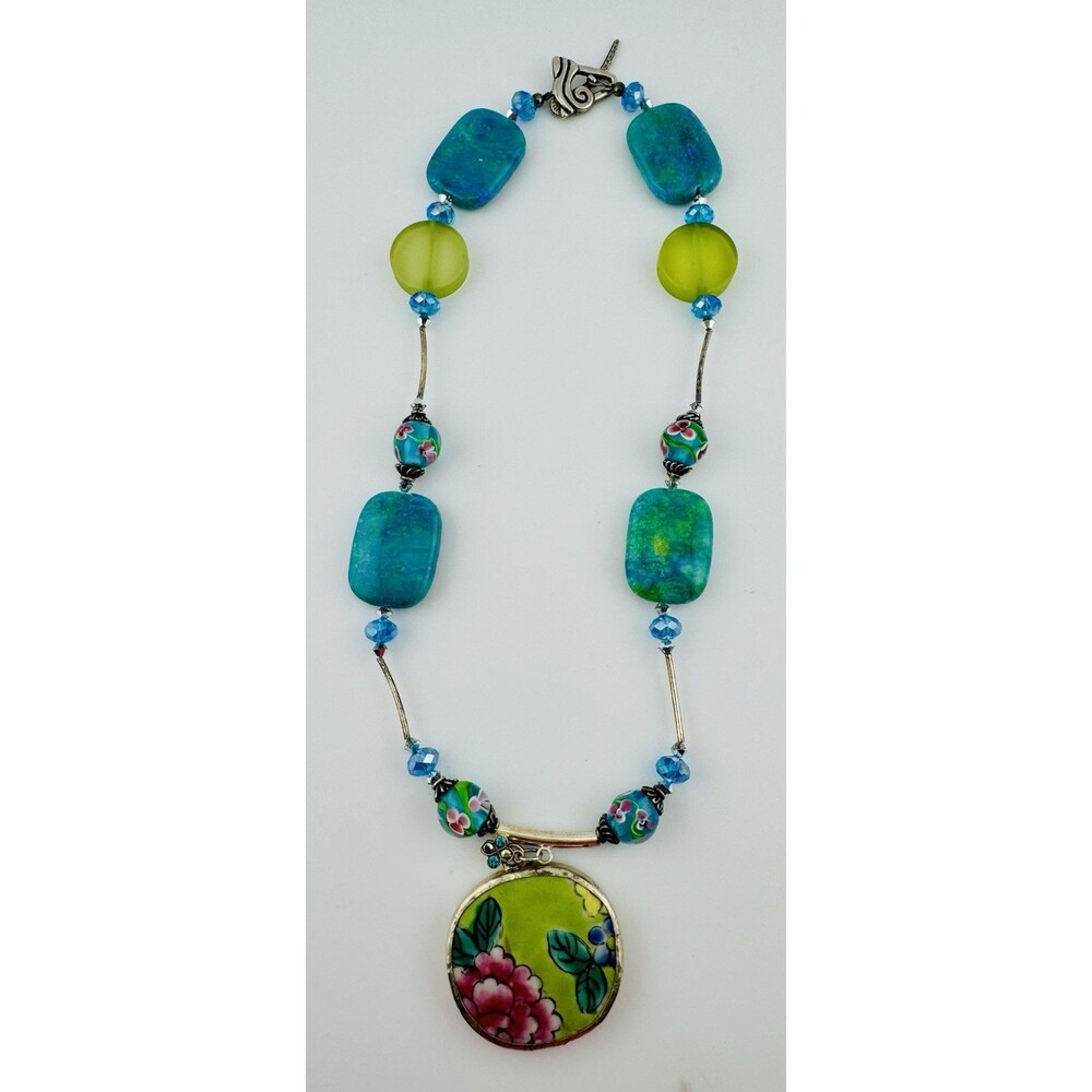 Vintage Art Glass Necklace 18” Floral Pendant Blue Green Beads Silver Tone